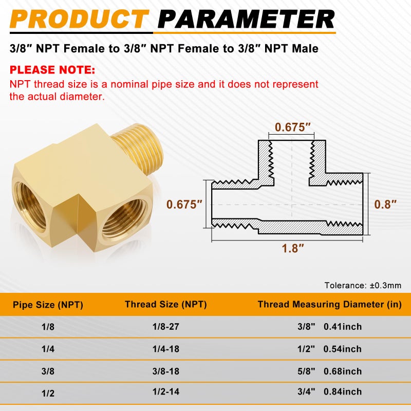 KOOTANS 4 Pack Brass Tee Fittings 3/8" NPT Female to 3/8" NPT Female to 3/8" NPT Male Barstock Street Tee Fittings 3 Way Brass Pipe Fitting - Image 2